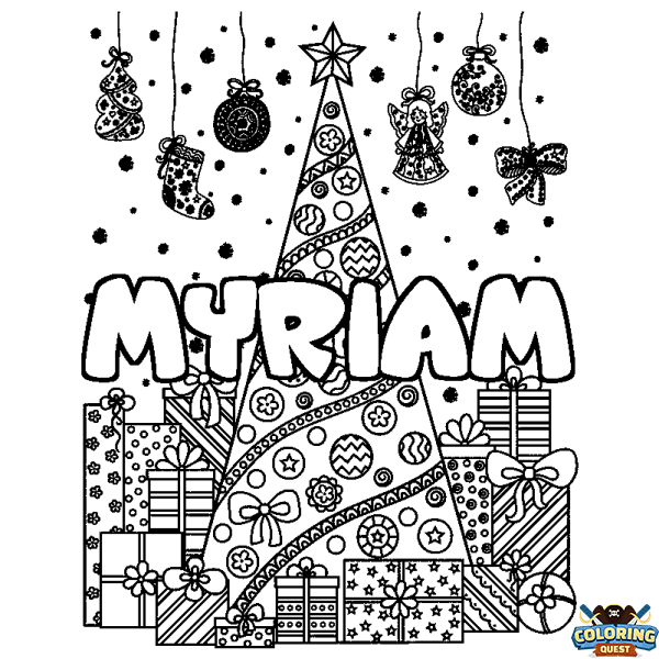 Coloring page first name MYRIAM - Christmas tree and presents background