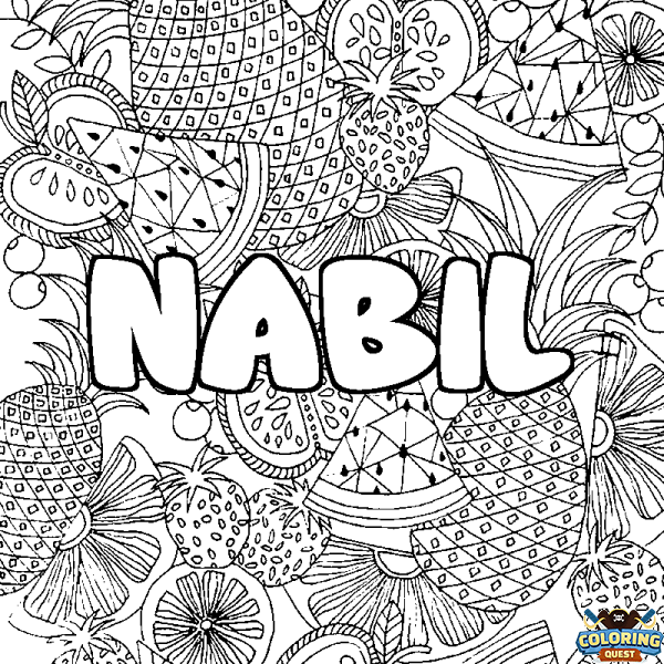 Coloring page first name NABIL - Fruits mandala background