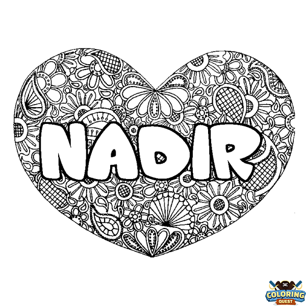 Coloring page first name NADIR - Heart mandala background