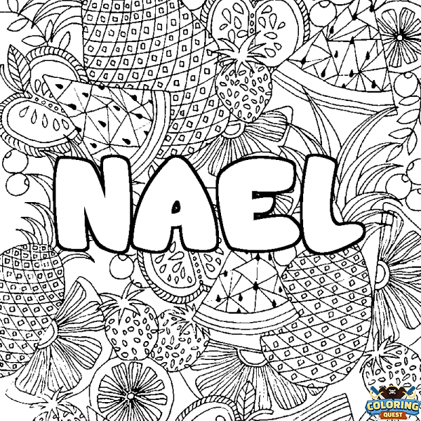 Coloring page first name NAEL - Fruits mandala background