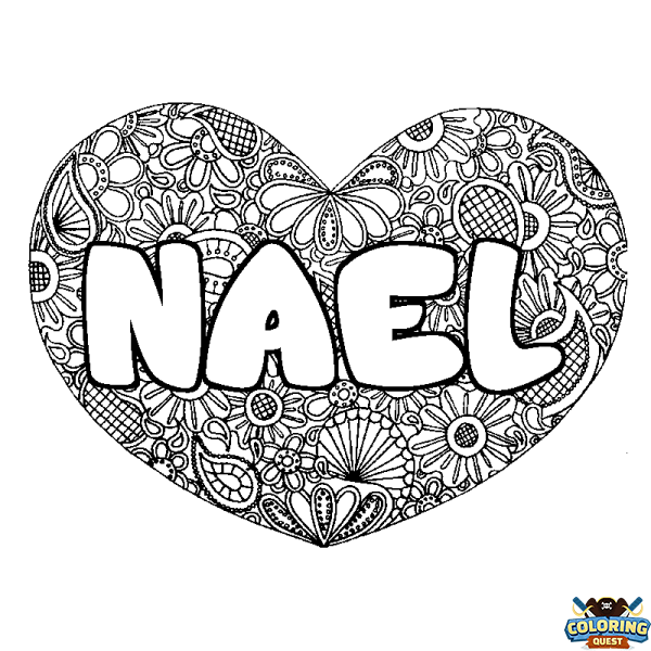 Coloring page first name NAEL - Heart mandala background