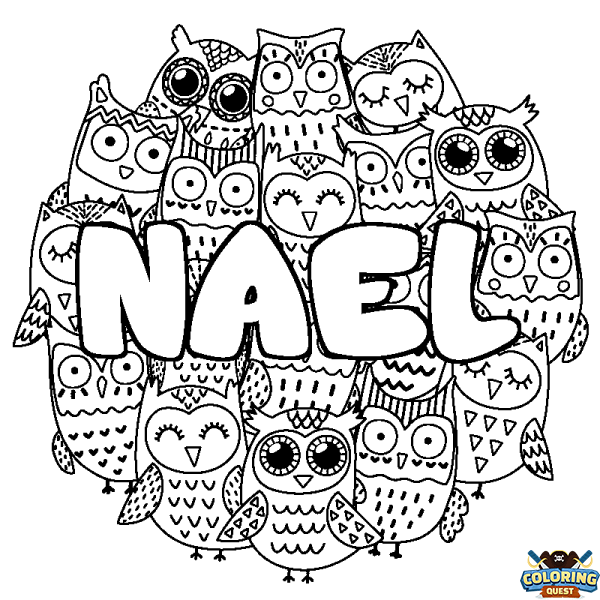 Coloring page first name NAEL - Owls background