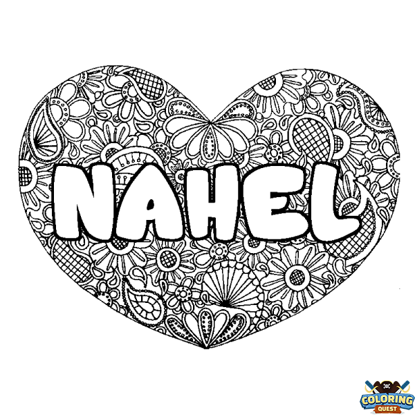 Coloring page first name NAHEL - Heart mandala background