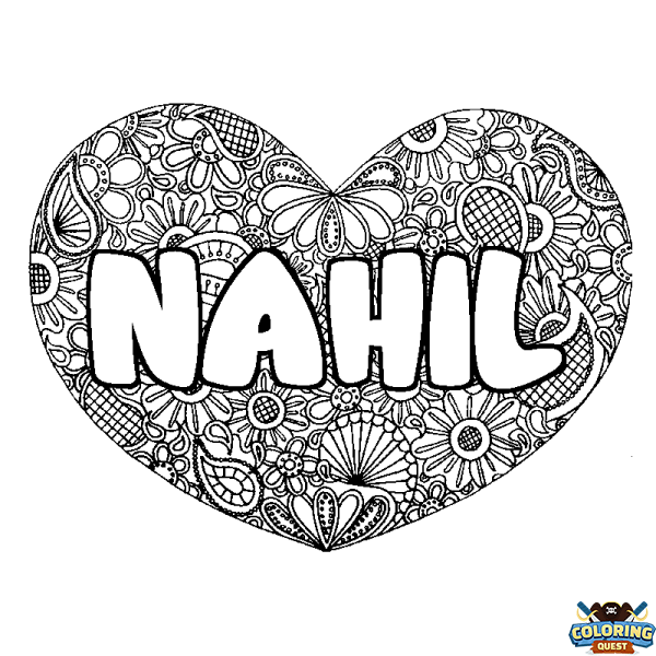 Coloring page first name NAHIL - Heart mandala background