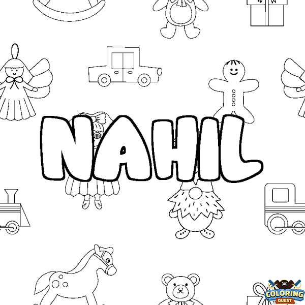 Coloring page first name NAHIL - Toys background