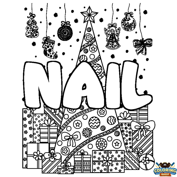 Coloring page first name NAIL - Christmas tree and presents background