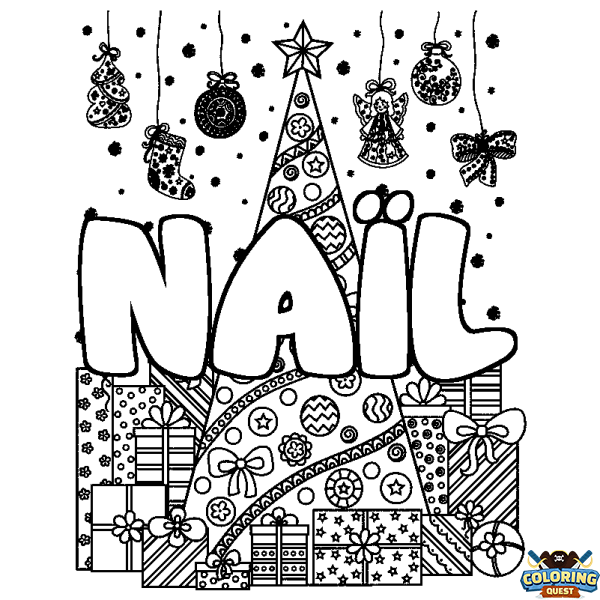 Coloring page first name NA&Iuml;L - Christmas tree and presents background