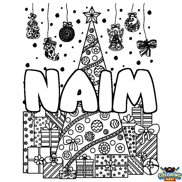 Coloring page first name NAIM - Christmas tree and presents background