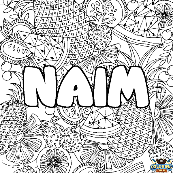 Coloring page first name NAIM - Fruits mandala background