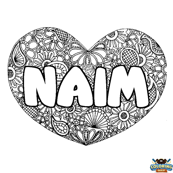 Coloring page first name NAIM - Heart mandala background