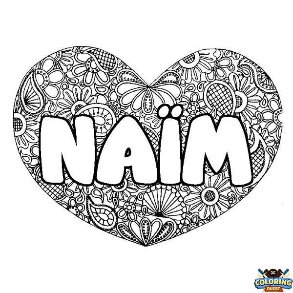 Coloring page first name NA&Iuml;M - Heart mandala background