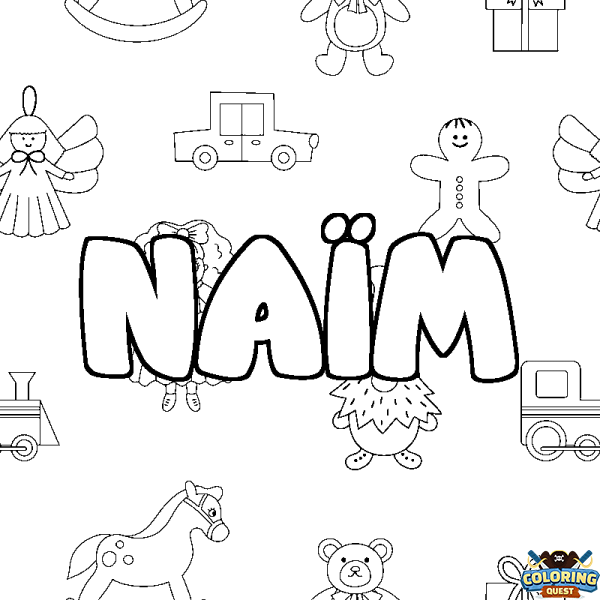 Coloring page first name NA&Iuml;M - Toys background