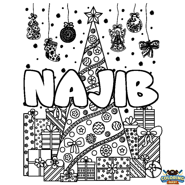 Coloring page first name NAJIB - Christmas tree and presents background