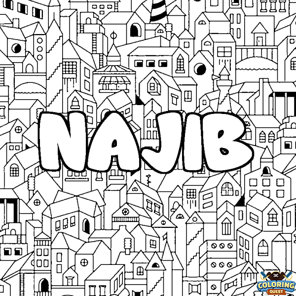 Coloring page first name NAJIB - City background