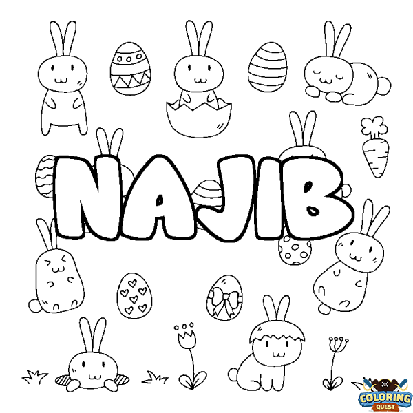 Coloring page first name NAJIB - Easter background