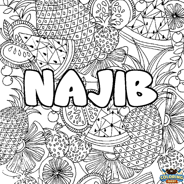 Coloring page first name NAJIB - Fruits mandala background