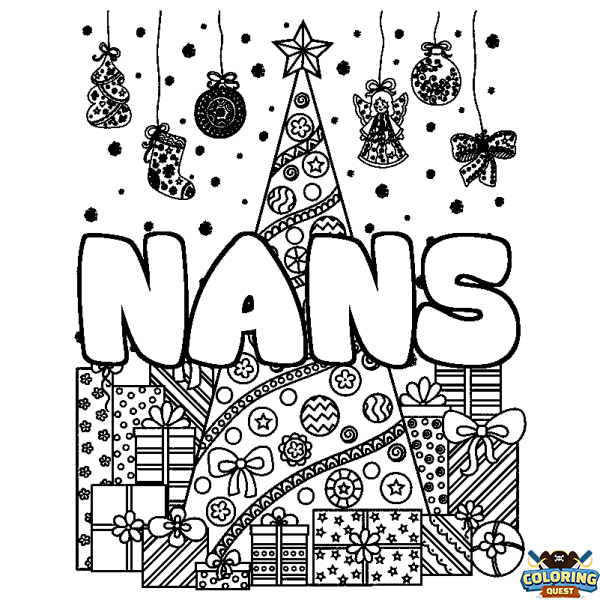 Coloring page first name NANS - Christmas tree and presents background