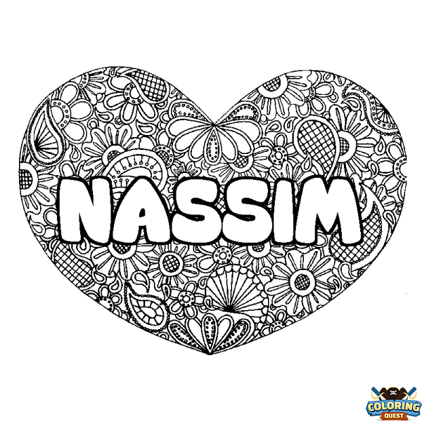 Coloring page first name NASSIM - Heart mandala background