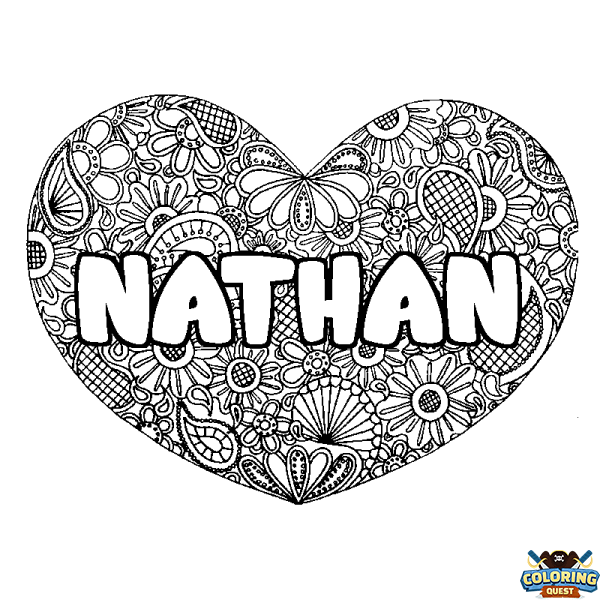 Coloring page first name NATHAN - Heart mandala background