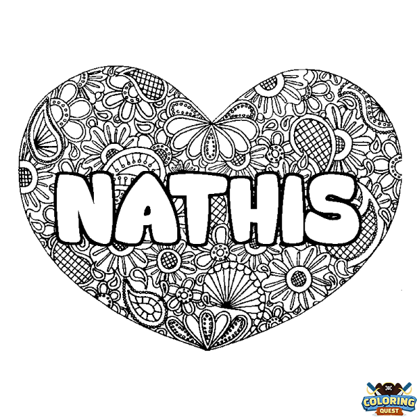 Coloring page first name NATHIS - Heart mandala background