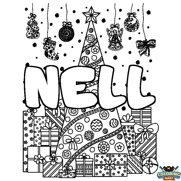 Coloring page first name NELL - Christmas tree and presents background