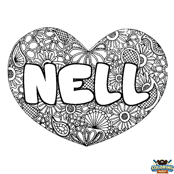 Coloring page first name NELL - Heart mandala background