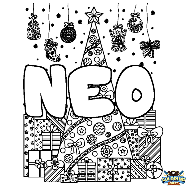 Coloring page first name NEO - Christmas tree and presents background