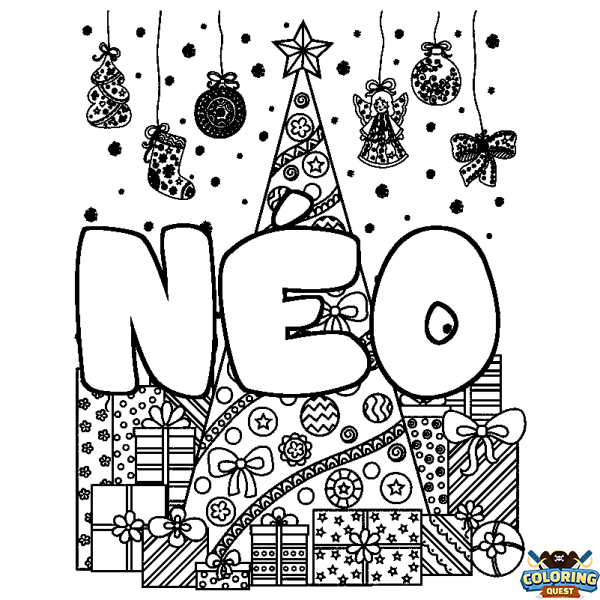 Coloring page first name N&Eacute;O - Christmas tree and presents background