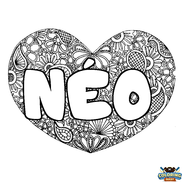 Coloring page first name N&Eacute;O - Heart mandala background