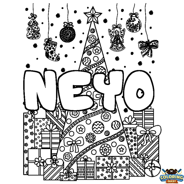 Coloring page first name NEYO - Christmas tree and presents background