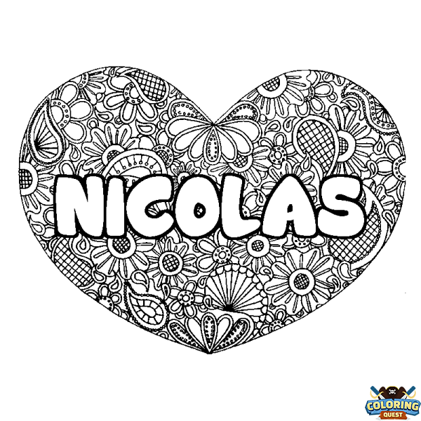 Coloring page first name NICOLAS - Heart mandala background