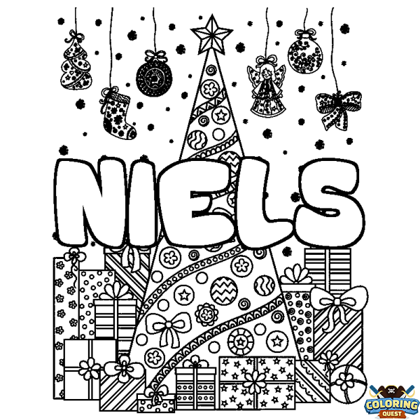 Coloring page first name NIELS - Christmas tree and presents background