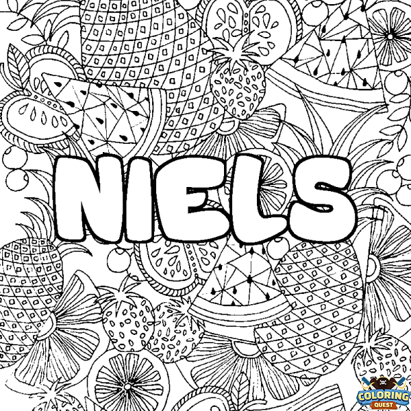 Coloring page first name NIELS - Fruits mandala background