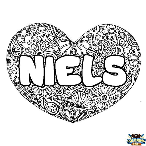 Coloring page first name NIELS - Heart mandala background