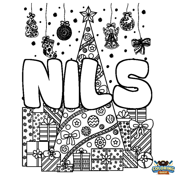 Coloring page first name NILS - Christmas tree and presents background