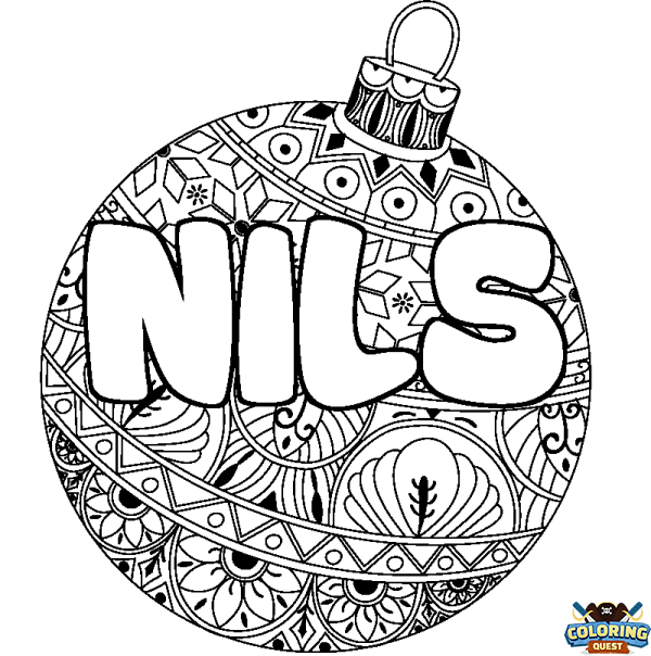 Coloring page first name NILS - Christmas tree bulb background