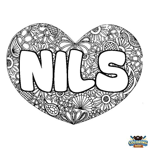 Coloring page first name NILS - Heart mandala background