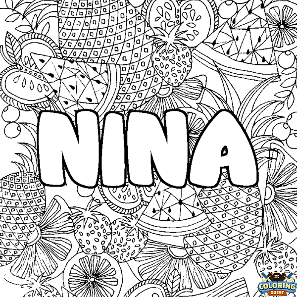 Coloring page first name NINA - Fruits mandala background