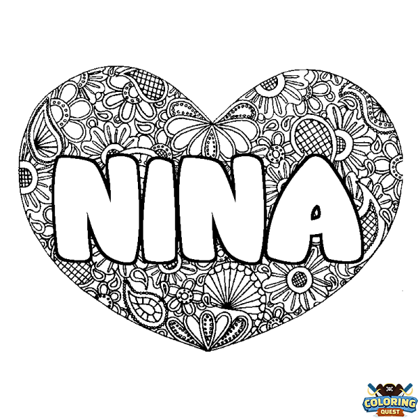 Coloring page first name NINA - Heart mandala background