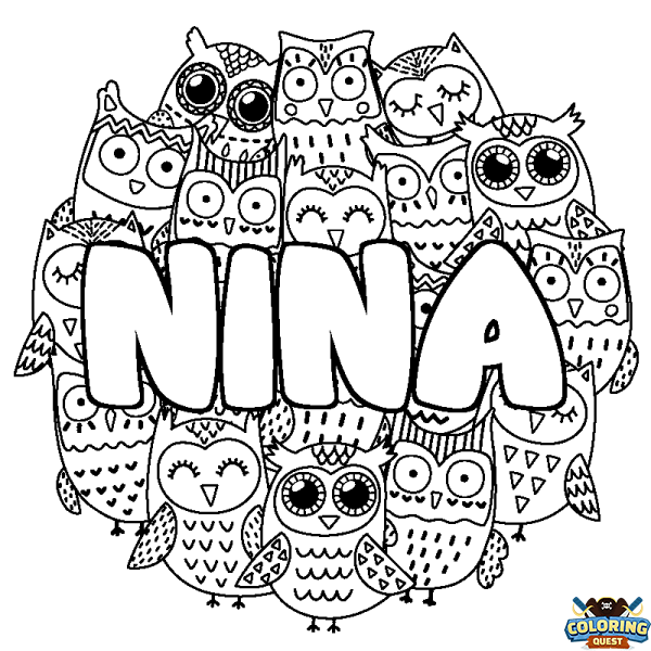 Coloring page first name NINA - Owls background