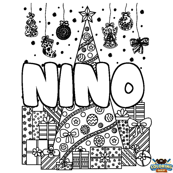 Coloring page first name NINO - Christmas tree and presents background