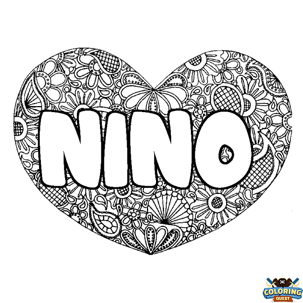 Coloring page first name NINO - Heart mandala background