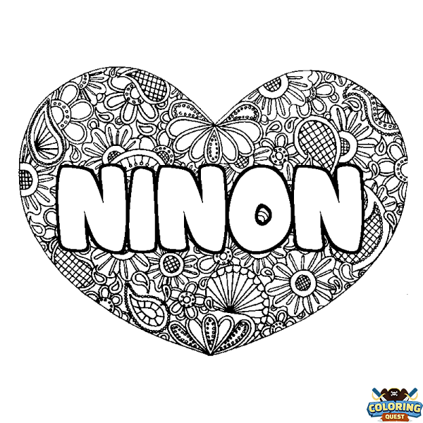 Coloring page first name NINON - Heart mandala background