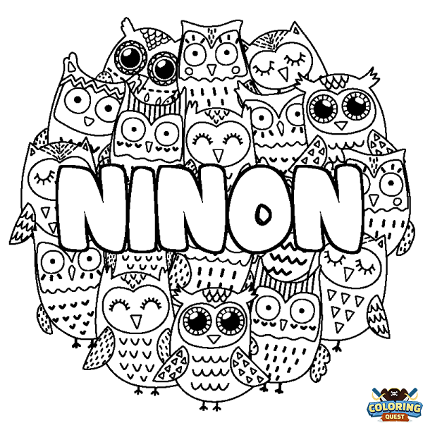 Coloring page first name NINON - Owls background