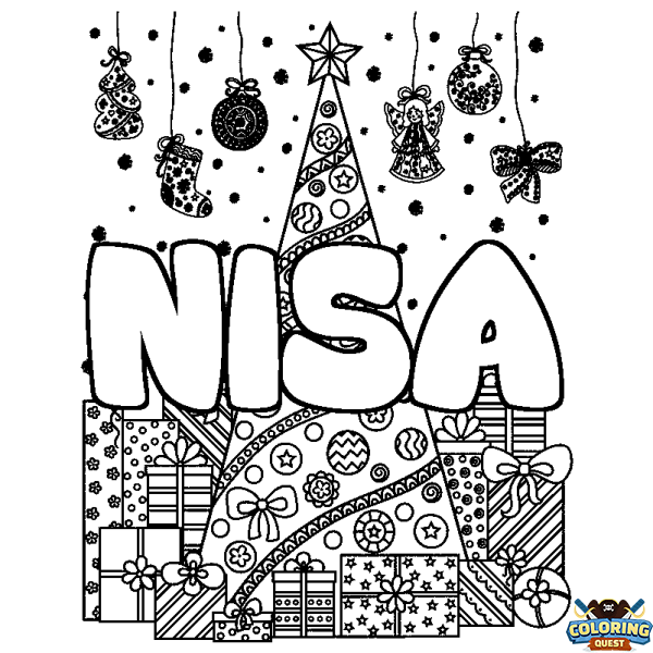 Coloring page first name NISA - Christmas tree and presents background