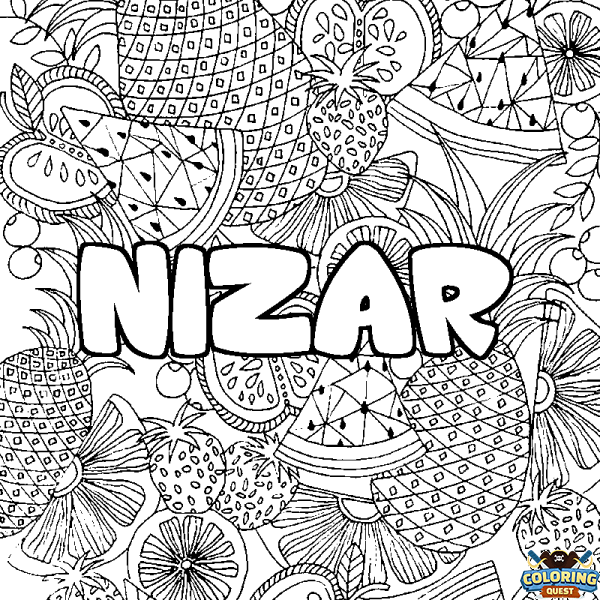 Coloring page first name NIZAR - Fruits mandala background