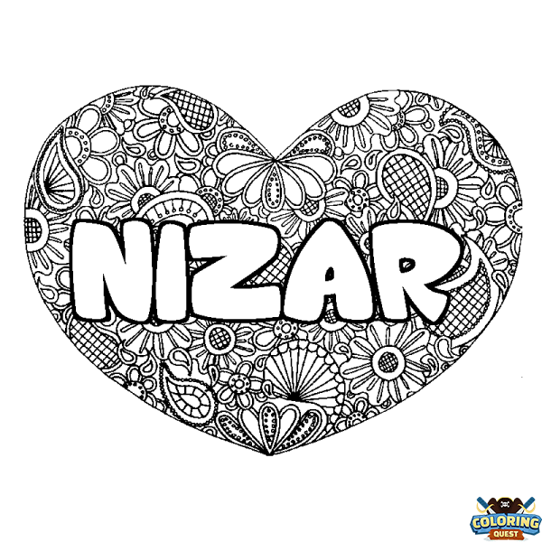 Coloring page first name NIZAR - Heart mandala background