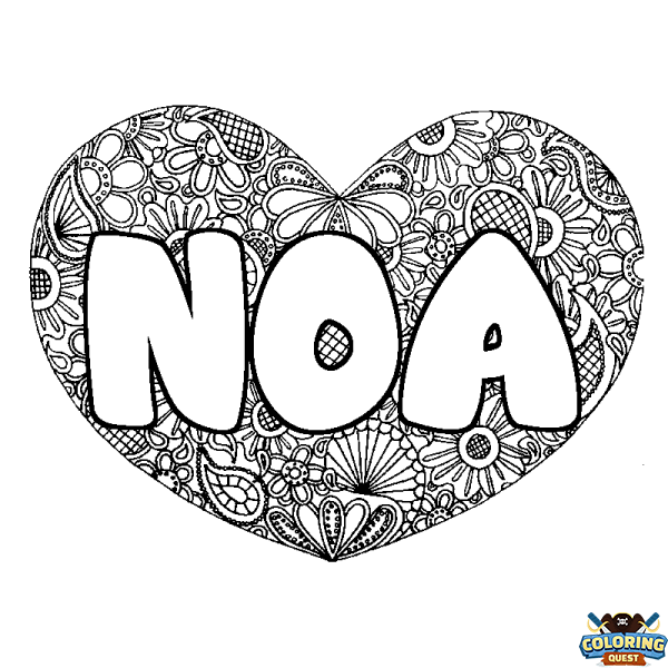 Coloring page first name NOA - Heart mandala background