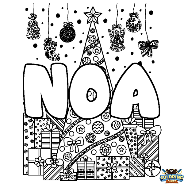 Coloring page first name NOA - Christmas tree and presents background