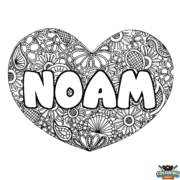 Coloring page first name NOAM - Heart mandala background